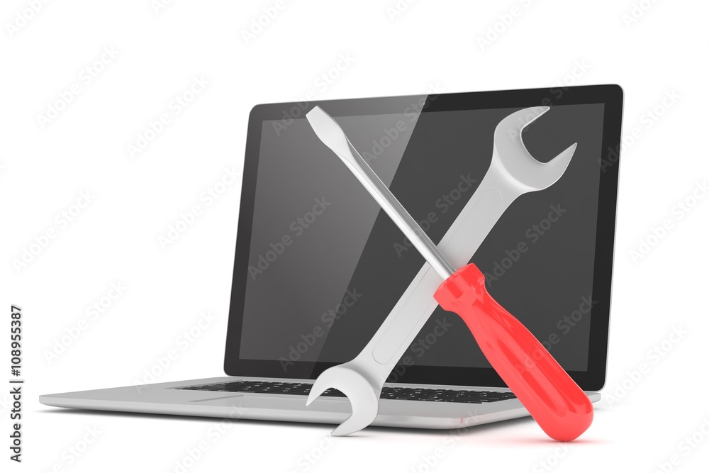 3D Illustration Wrench and screwdriver on laptop, service concept 3D Illustration Wrench and screwdriver on laptop, service concept