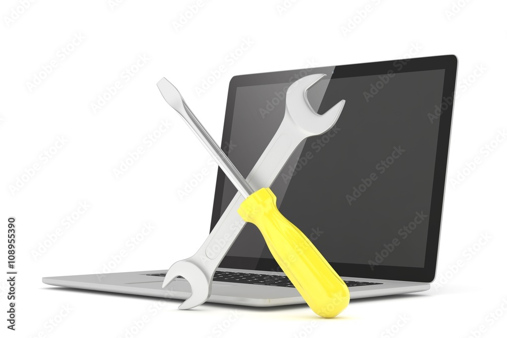 3D Illustration Wrench and screwdriver on laptop, service concept 3D Illustration Wrench and screwdriver on laptop, service concept