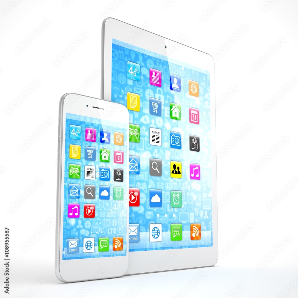 Tablet and smartphone on a white. 3d rendering.