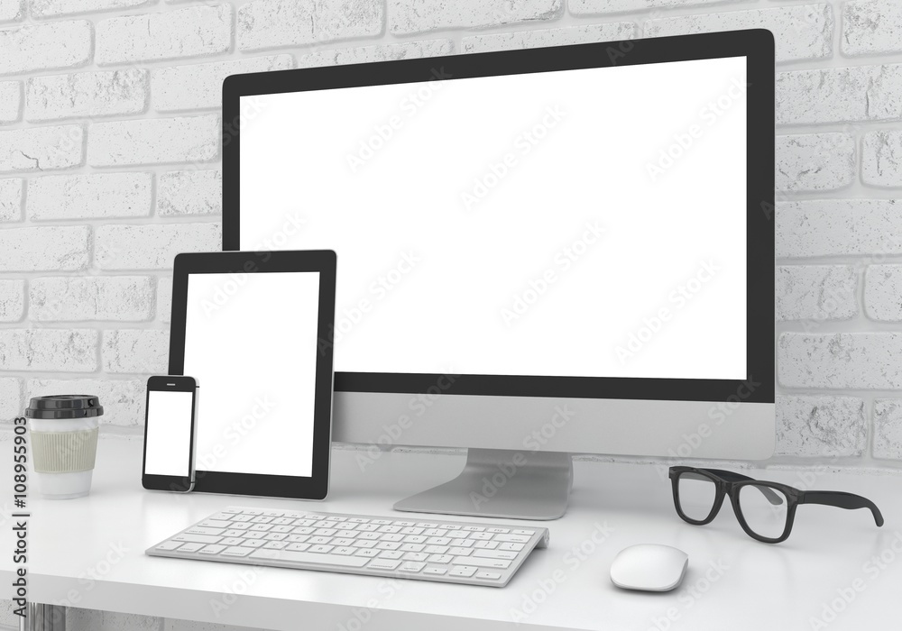 Responsive mockup screen. Monitor, tablet, phone on table in office. 3d rendering. Responsive mockup screen. Monitor, tablet, phone on table in office. 3d rendering.