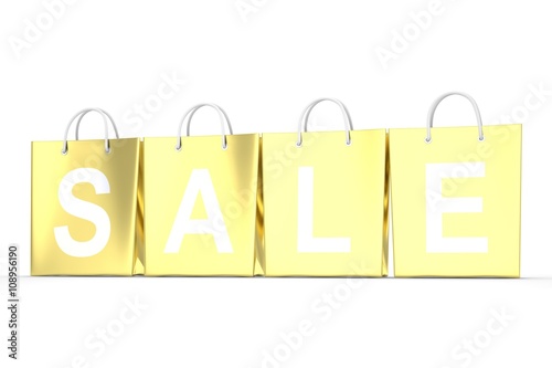 sale written on gold shopping bag. 3d rendering.