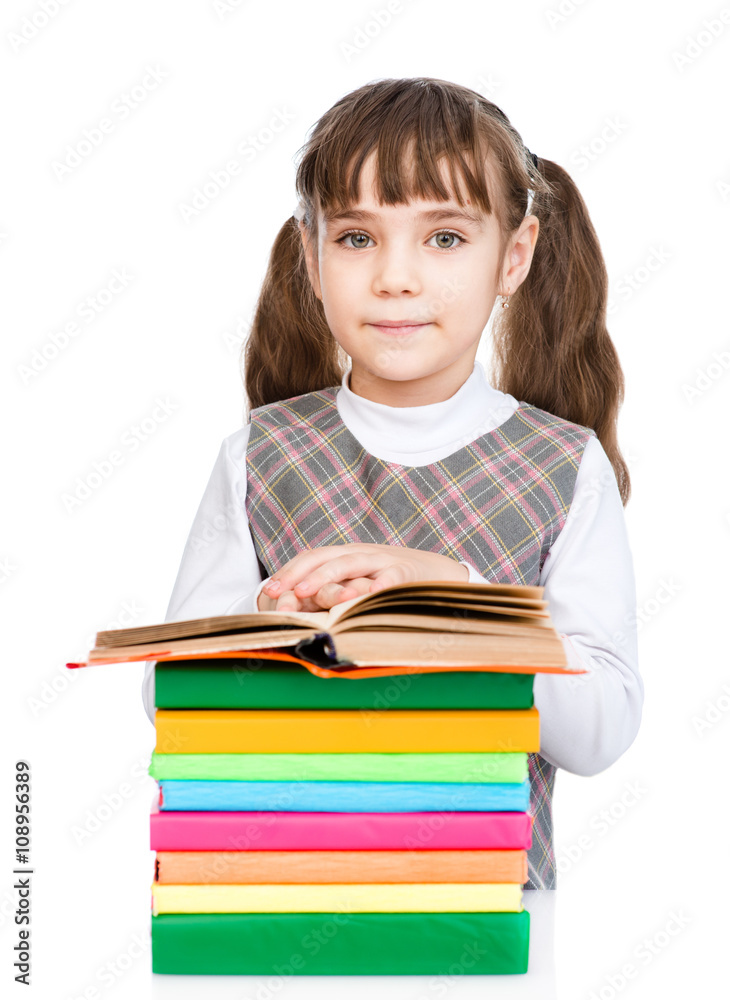 Happy schoolgirl with stack books. isolated on white background Happy schoolgirl with stack books. isolated on white background