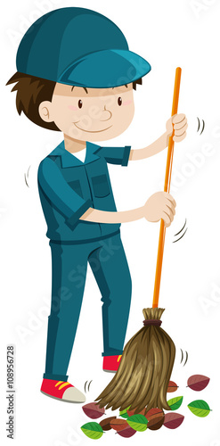 Janitor sweeping the fallen leaves