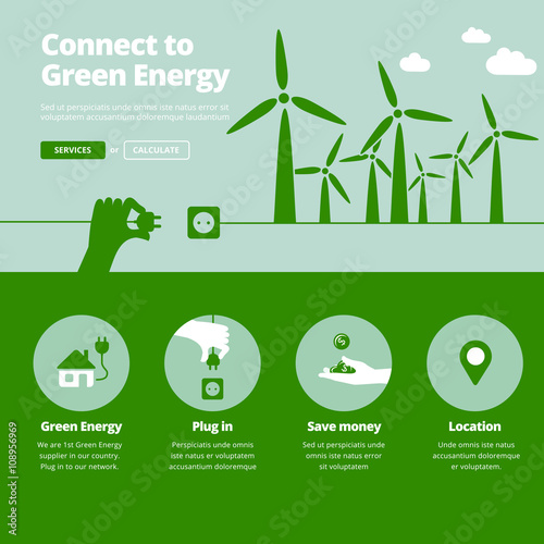 Green energy supplier. Wind power plants website banner illustration and services icons.