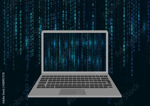 Laptop Icon On Matrix Background. Flat Design. Web Developer Coding Concept. Vector Illustration. 