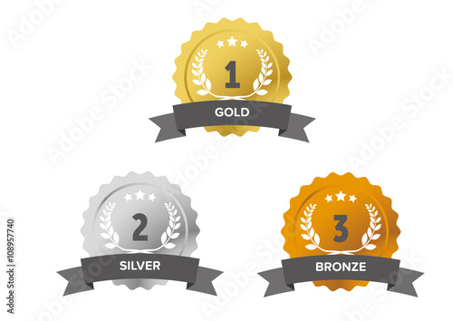 Gold, silver and bronze medals with grey banner and numbers