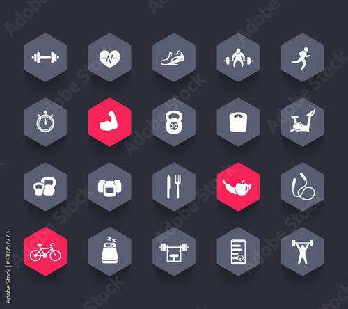 20 fitness icons, gym, sport, workout, training, pictograms, hexagon icons set, vector illustration