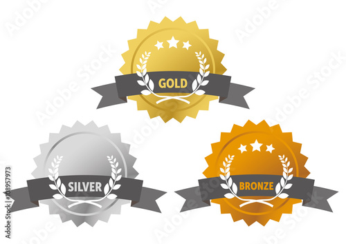 Gold, silver and bronze medals with grey banner and numbers