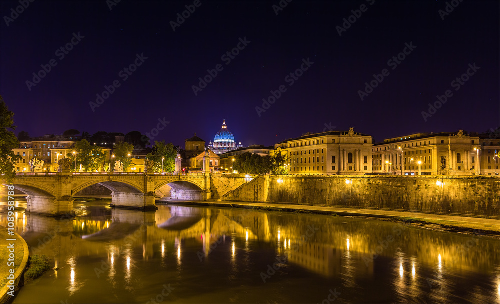 Night view of the Tiber river in Rome