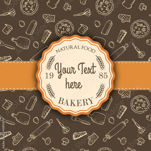 Seamless pattern with doodle bakery icon. Vintage bakery emblem. Hand drawn vintage background