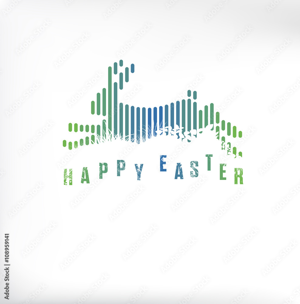 Happy Easter. Running / Jumping Bunny / Rabbit in Green & Blue Lines Style on White Background