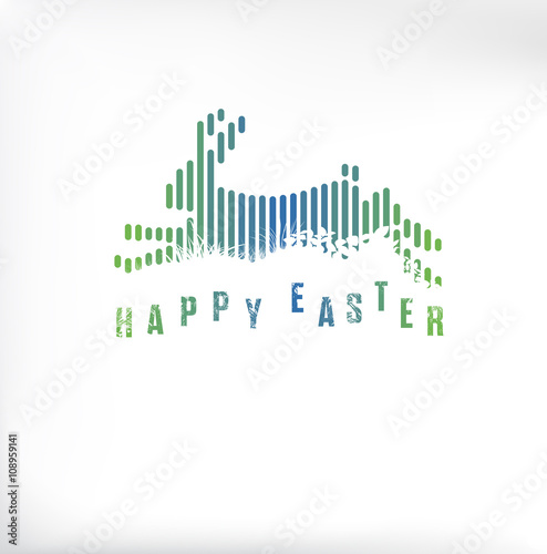 Happy Easter. Running   Jumping Bunny   Rabbit in Green   Blue Lines Style on White Background