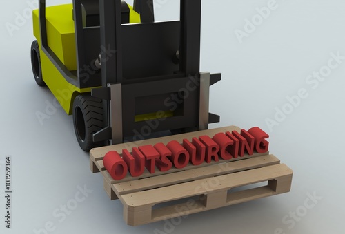 OUTSOURCING, message on wooden pillet with forklift truck, 3D rendering