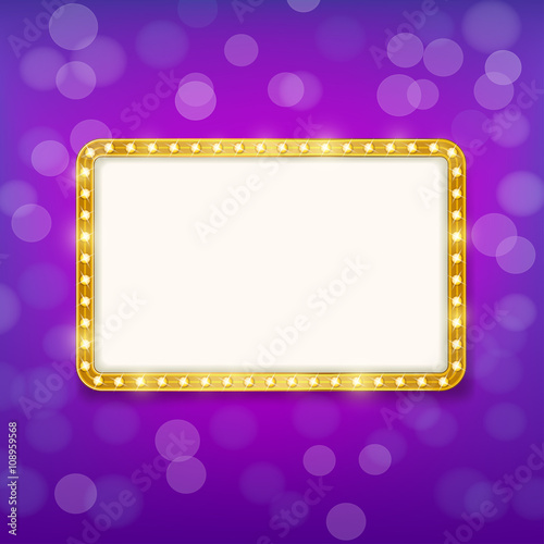 golden frame with light bulbs on purple blurry background