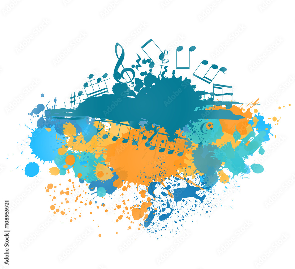 musical notes background with color blots. vector  
