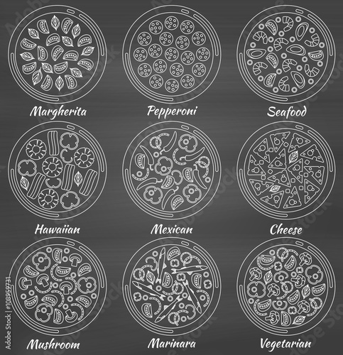 Set of round pizzas. Chalk board background. Vector illustration.