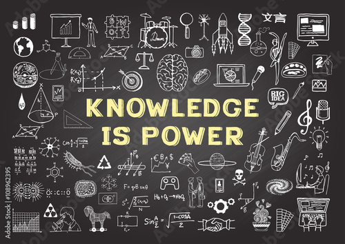 Hand drawn icons about KNOWLEDGE is power on chalkboard