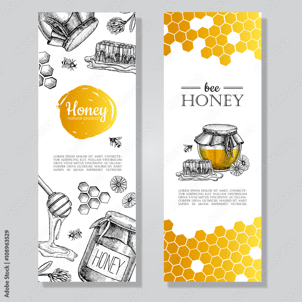 Vector hand drawn honey banners. Detailed honey engraved  illustration - obrazy, fototapety, plakaty 