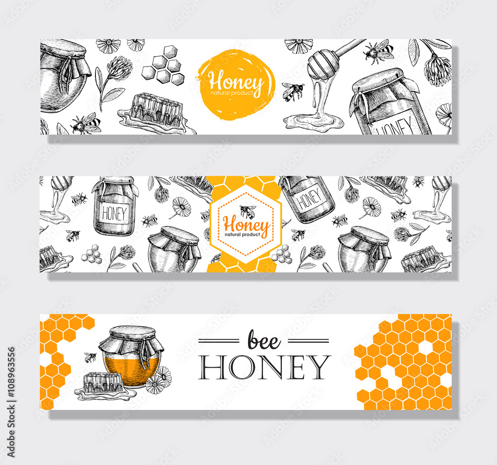 Vector hand drawn honey banners. Detailed honey engraved  illustation - obrazy, fototapety, plakaty 