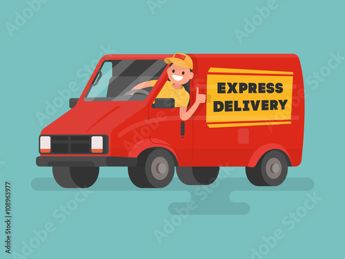Funny car driver. Delivery service. Vector illustration