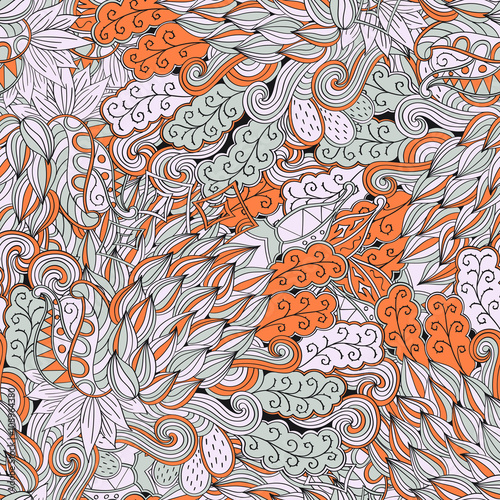 Tracery seamless, loops, doodle wind pattern. Paisley, winding stem, spiral, wave, bud mehndi design. Handmade texture, curved doodling design. Good for site background, textile, printing. Vector.