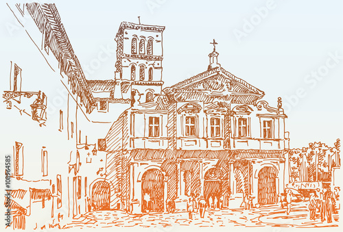 sketch hand drawing of Rome Italy famous cityscape, travel card