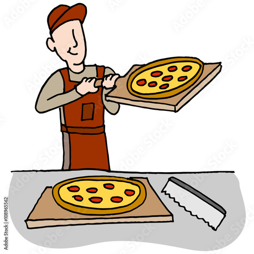 Cook preparing and slicing pizza
