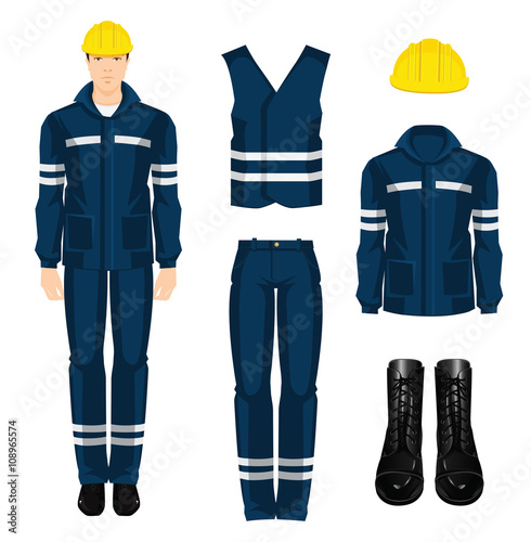 Man worker in protective wear and helmet. Set of protective wear, shoes and yellow safety helmet on white background