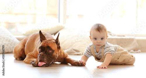 Little baby boy with boxer dog lying on the floor at home photo