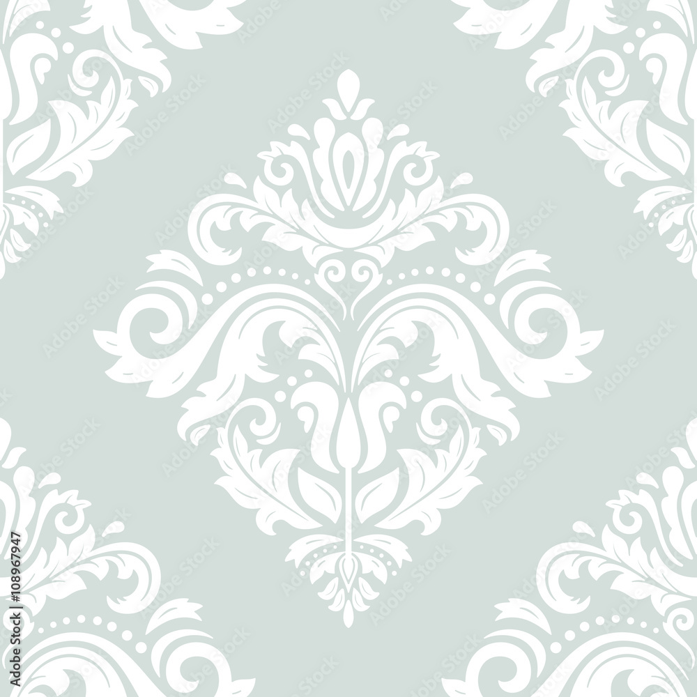 Damask seamless ornament. Traditional light blue and white pattern. Classic oriental background for design and decorate