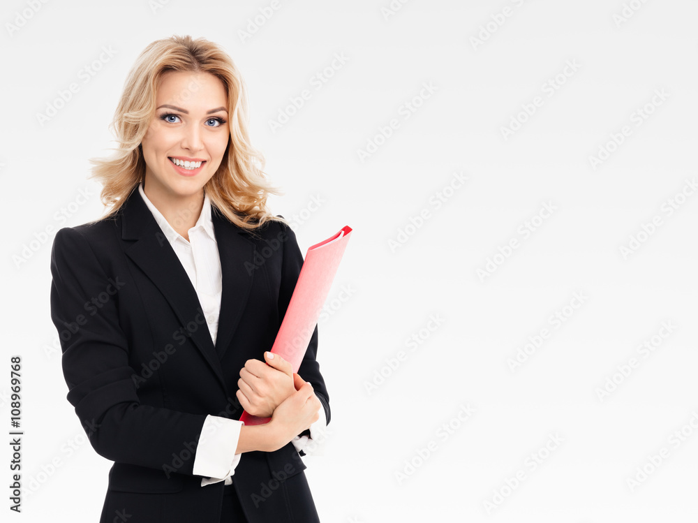 Young smiling businesswoman with red folder Young smiling businesswoman with red folder