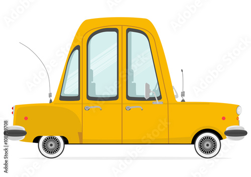 Funny cartoon yellow cab on a white background. Flat vector