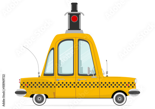 Funny cartoon yellow cab on a white background. Flat vector