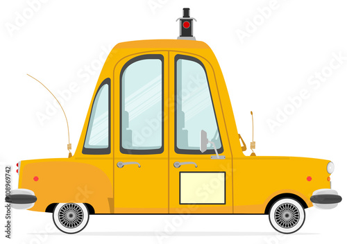 Funny cartoon yellow cab on a white background. Flat vector