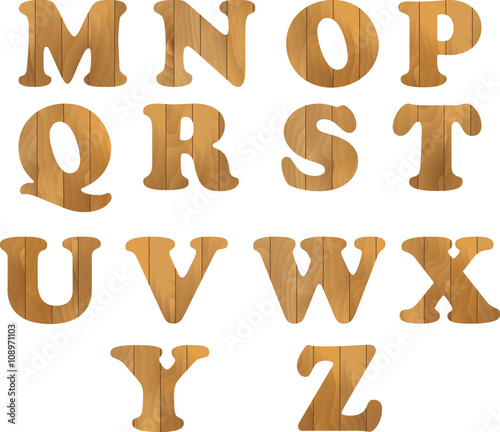 Alphabet made of wooden letters isolated on white background