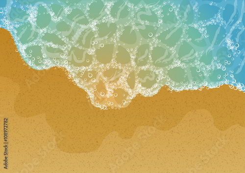 Sea waves foam on the summer sandy beach. Tropical ocean coast. Vector EPS 10.