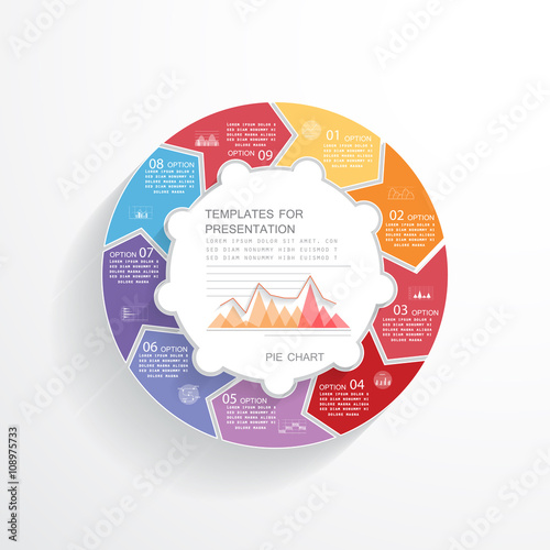 Pie chart for business presentation in 9 steps or processes