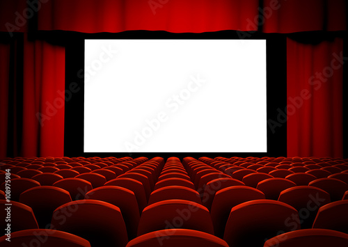 Cinema screen with red curtains and seats