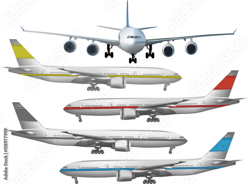 five colored airplanes on white
