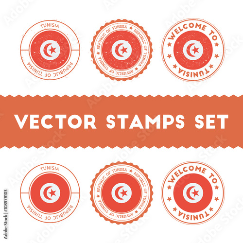 Tunisian flag rubber stamps set. National flags grunge stamps. Country round badges collection.