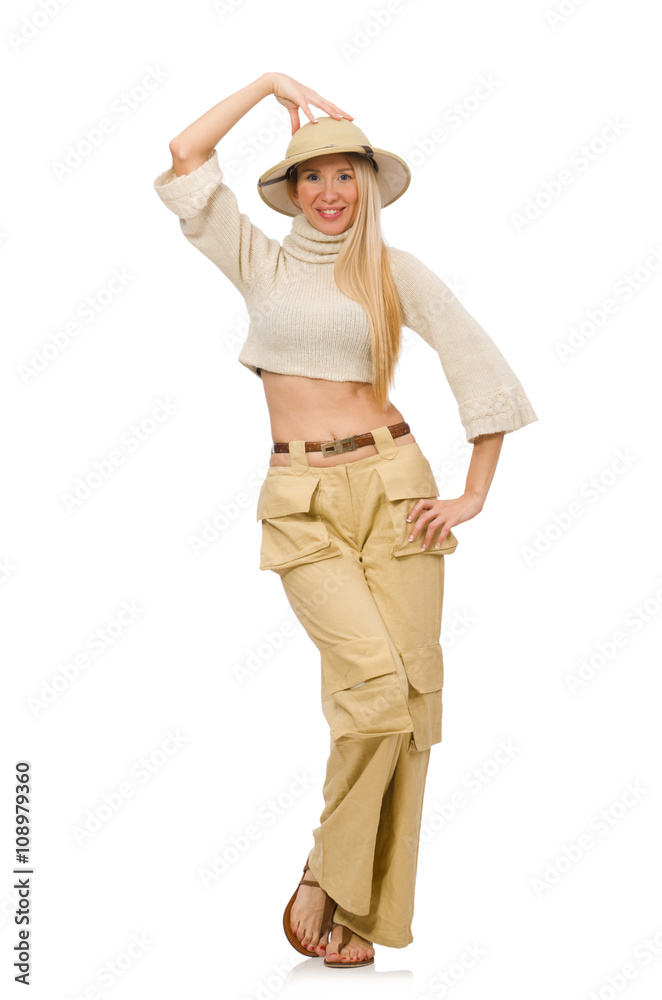 Pretty woman in beige trousers isolated on white Pretty woman in beige trousers isolated on white