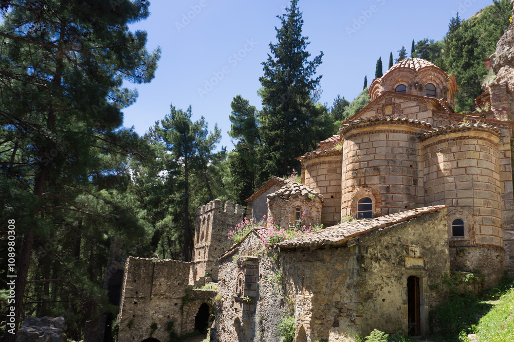 Byzantine church in medieval city of Mystras, Peloponnese, Greece Byzantine church in medieval city of Mystras, Peloponnese, Greece