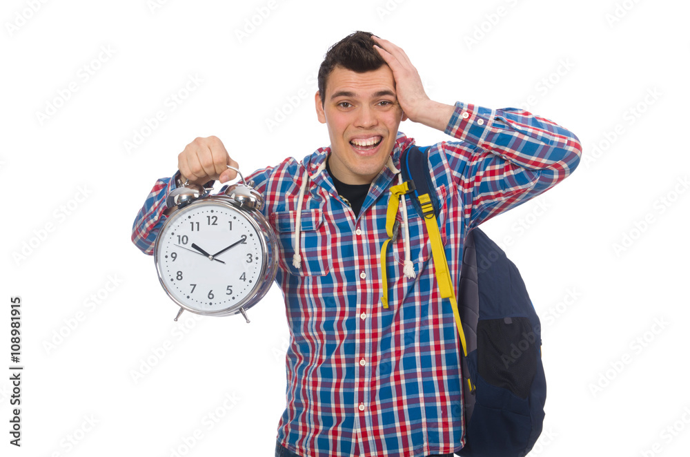 Student holding alarm clock isolated on white Student holding alarm clock isolated on white