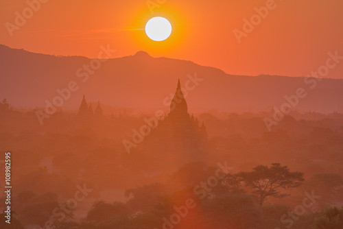 group of ancient pagodas at the scenic sunrise at bagan myanmar