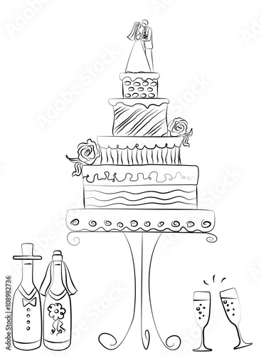 Vector illustration of wedding cake and champagne for bride and groom