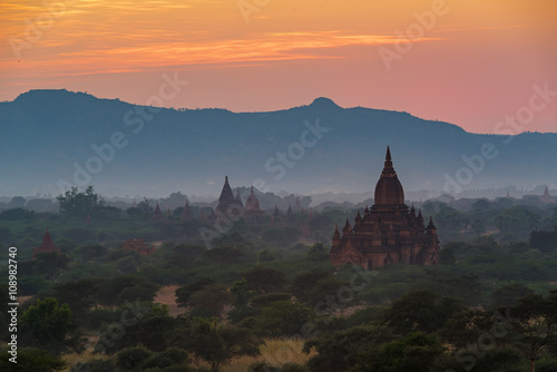 group of ancient pagodas at the scenic sunrise at bagan myanmar