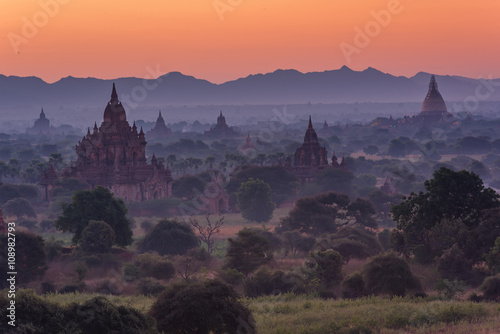 group of ancient pagodas at the scenic sunrise at bagan myanmar