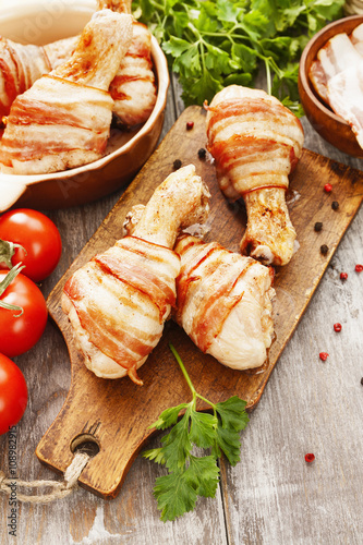 Chicken leg wrapped in bacon