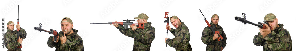 Soldier with sniper rifle isolated on white