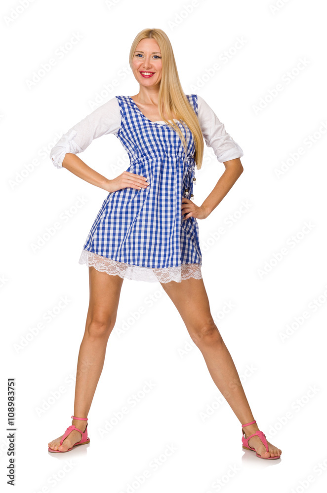 Caucasian woman in plaid blue dress isolated on white Caucasian woman in plaid blue dress isolated on white